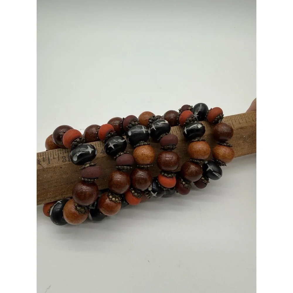Set of 6 Napkin Rings Wood Metal and Plastic Beads African Style 2.5